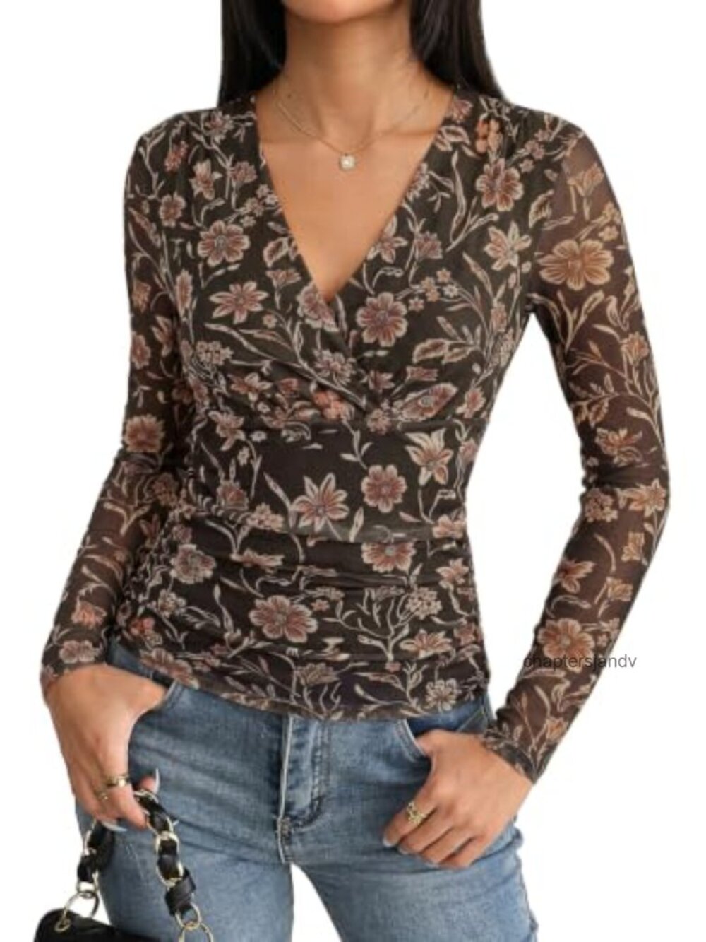 Boho Mesh Long Sleeve V-Neck Ruched Blouse Floral Pull On Top